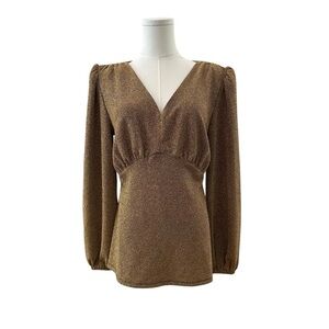Women's Small Fitted Metallic Gold Shimmer Party Cocktail Puff Shoulder Top
